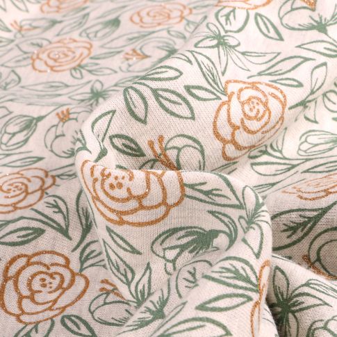 Tissu Jersey Coton envers molletonné Tulipes dorés sur fond Beige chiné