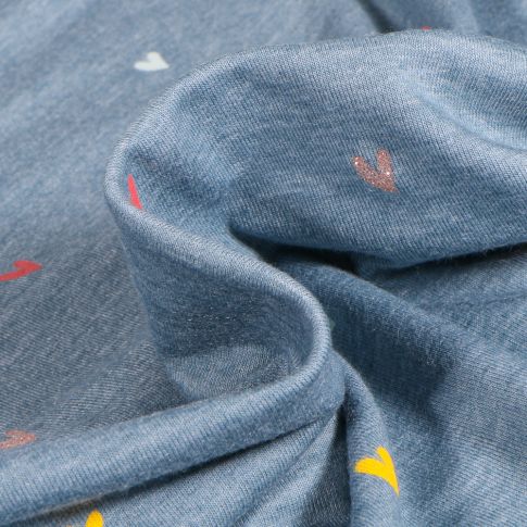 Tissu Jersey Coton Mini coeur sur fond Bleu chiné