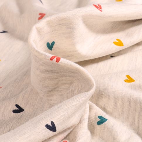 Tissu Jersey Coton Mini coeur sur fond Gris chiné