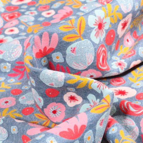 Tissu Sweat léger Edelweiss sur fond Bleu chiné