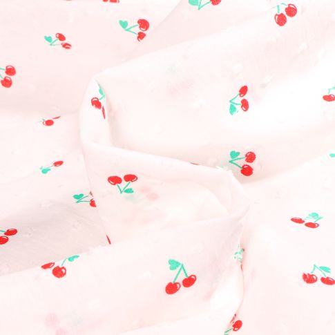 Tissu Plumetis Cerises sur fond Blanc