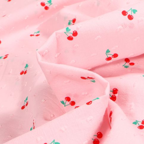 Tissu Plumetis Cerises sur fond Rose