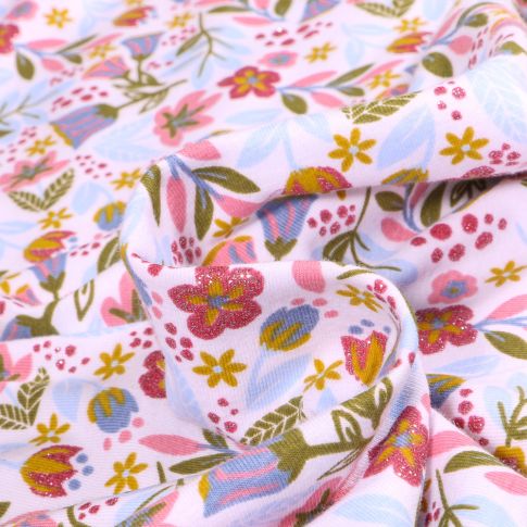 Tissu Jersey Coton pailleté Amaryllis sur fond Blanc