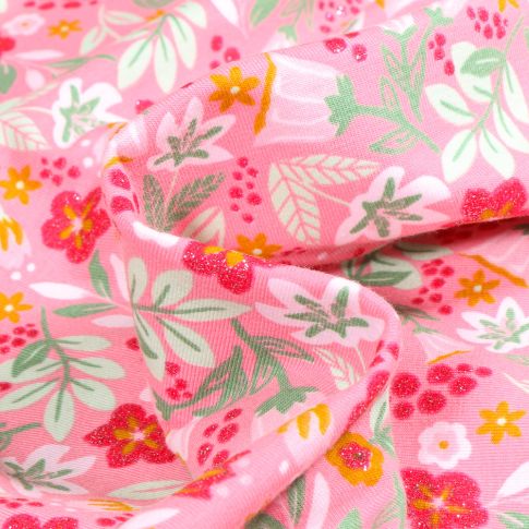 Tissu Jersey Coton pailleté Amaryllis sur fond Rose