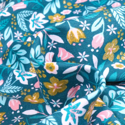 Tissu Jersey Coton pailleté Amaryllis sur fond Bleu turquoise