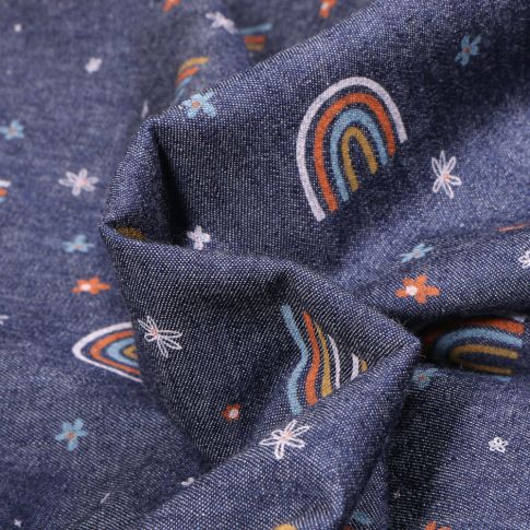Tissu Chambray imprimé Arc en ciel et fleurs sur fond Bleu foncé