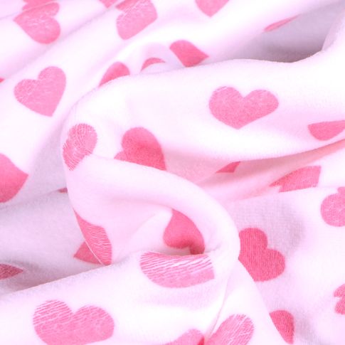 Tissu Velours tout doux Cœurs rose sur fond Blanc