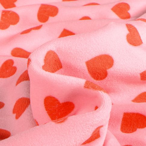 Tissu Velours tout doux Cœurs rouge sur fond Rose pâle