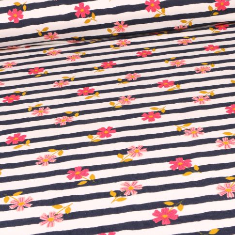 Tissu Jersey Coton Fleurs colorées et rayures sur fond Bleu marine