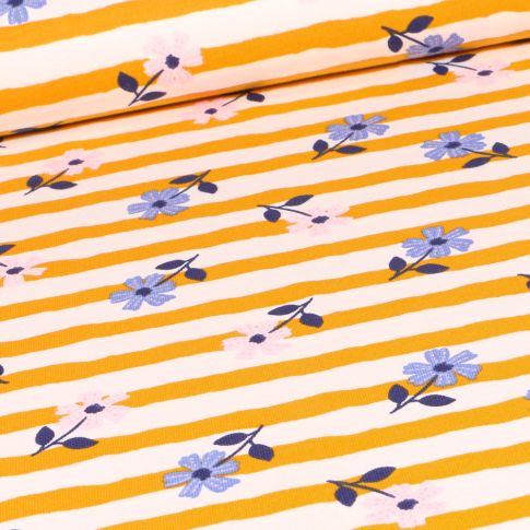 Tissu Jersey Coton Fleurs colorées et rayures sur fond Jaune