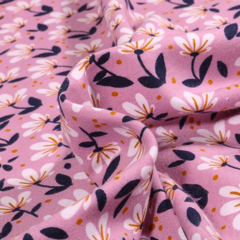 Tissu Jersey Coton Bio envers molleton Fleurista sur fond Rose