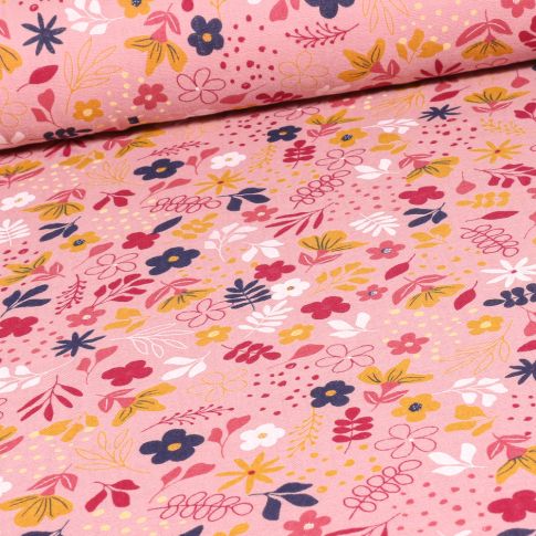 Tissu Double gaze Fleurs printanière sur fond Rose