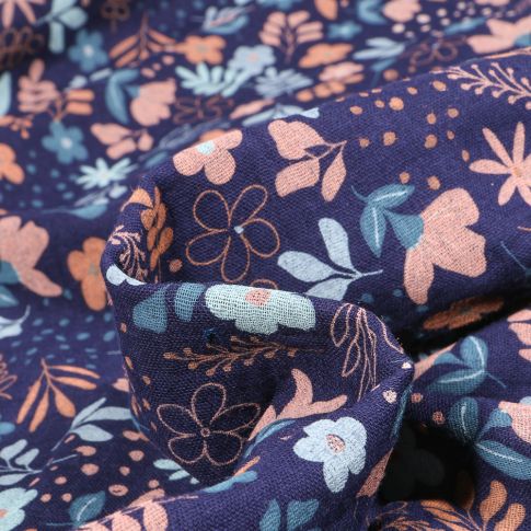 Tissu Double gaze Fleurs printanière sur fond Bleu marine