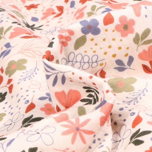 Tissu Double gaze Fleurs printanière sur fond Blanc cassé