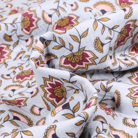 Tissu Double gaze Fleurs mandala sur fond Bleu ciel