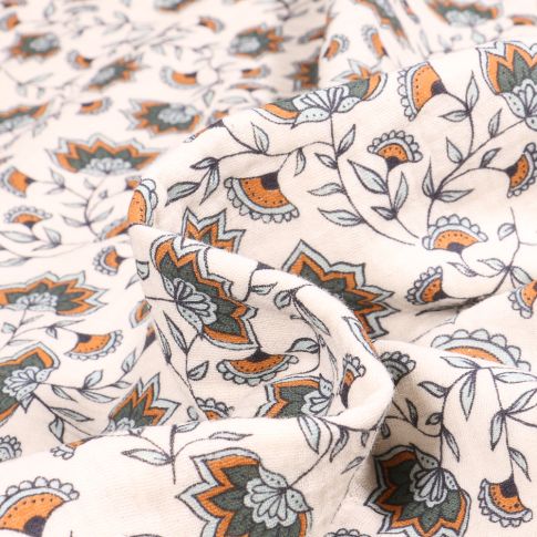 Tissu Double gaze Fleurs mandala sur fond Blanc cassé