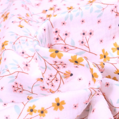 Tissu Double gaze Floraisons sur fond Blanc