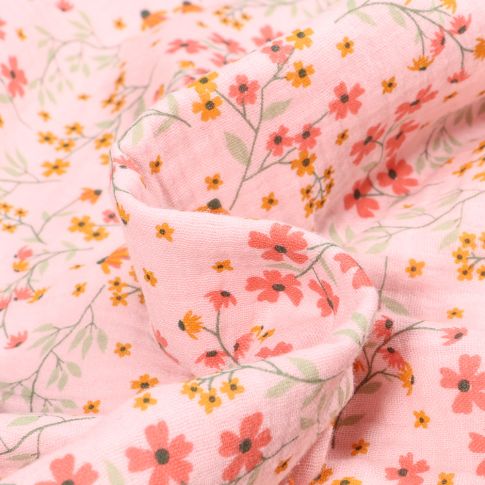 Tissu Double gaze Floraisons sur fond Rose