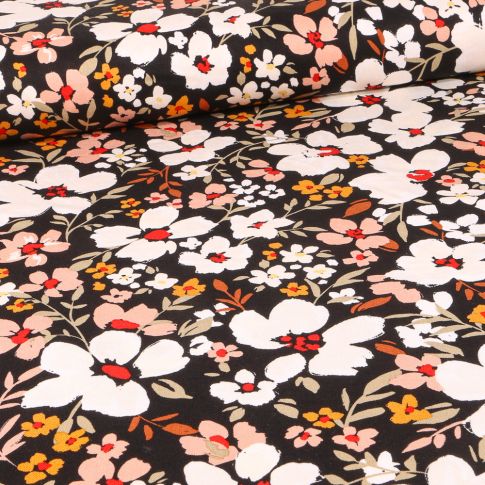 Tissu Viscose Twill extensible Valériane sur fond Noir