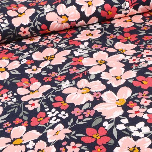 Tissu Viscose Twill extensible Valériane sur fond Bleu marine