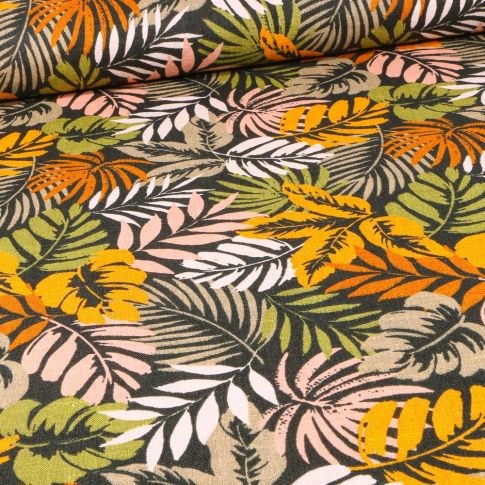 Tissu Lin imprimé Palmeraies sur fond Vert foncé