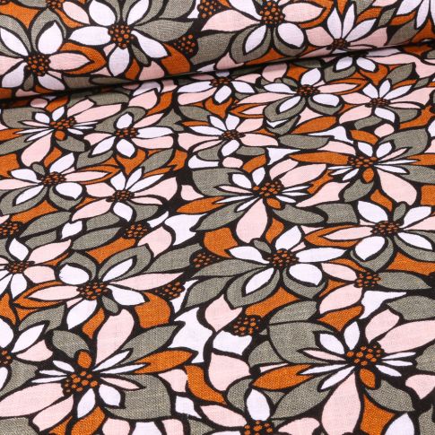 Tissu Lin imprimé Rakel sur fond Taupe