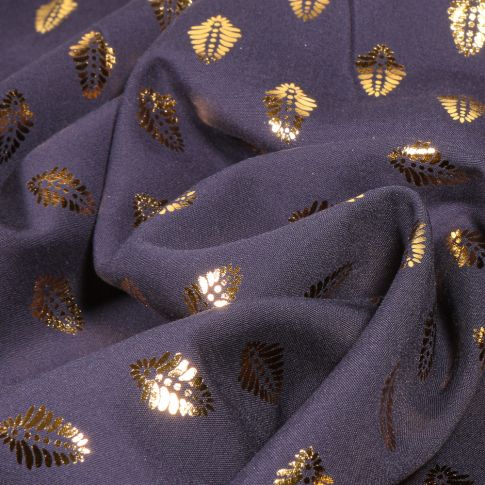 Tissu Viscose Feuilles métallisées dorées sur fond Bleu marine