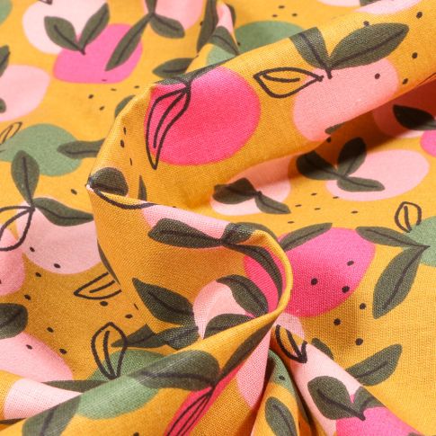 Tissu Coton imprimé Bio Agrumes multicolores sur fond Jaune