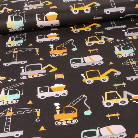 Tissu Coton imprimé Engins de chantier sur fond Noir