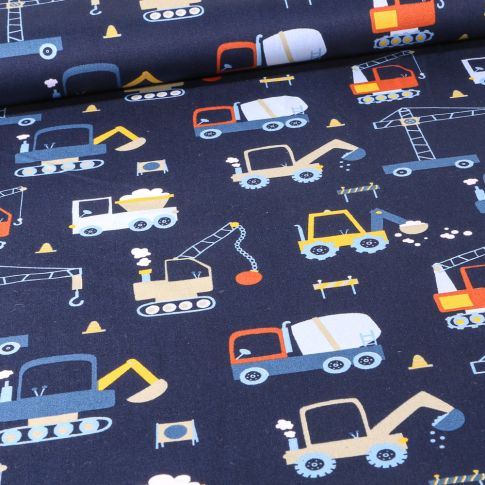 Tissu Coton imprimé Engins de chantier sur fond Bleu