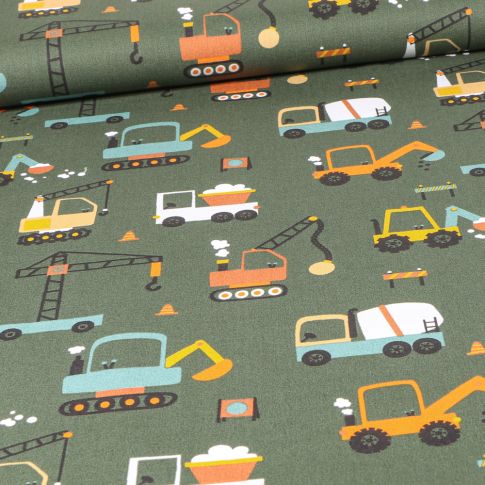 Tissu Coton imprimé Engins de chantier sur fond Vert kaki
