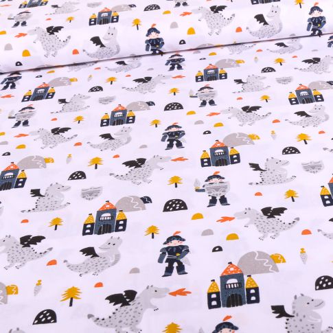 Tissu Coton imprimé Chevaliers et dragons sur fond Blanc