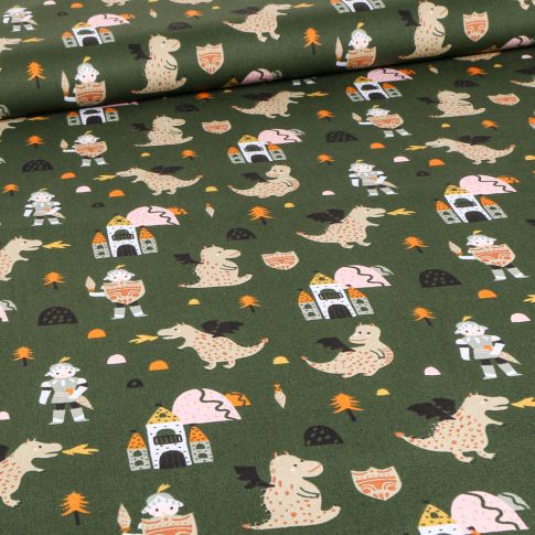 Tissu Coton imprimé Chevaliers et dragons sur fond Vert foncé