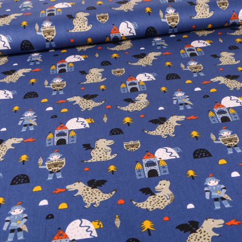 Tissu Coton imprimé Chevaliers et dragons sur fond Bleu