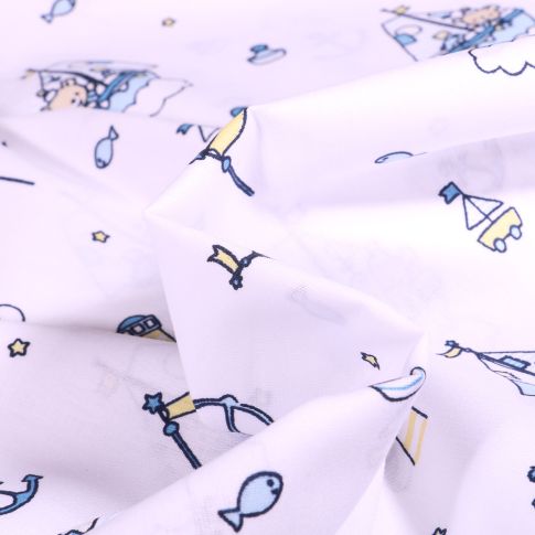 Tissu Coton imprimé Petits ourson marin sur fond Blanc