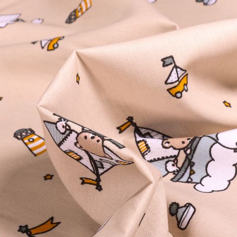 Tissu Coton imprimé Petits ourson marin sur fond Beige