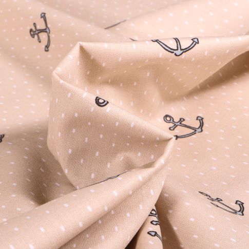 Tissu Coton imprimé Ancres marine sur fond Beige