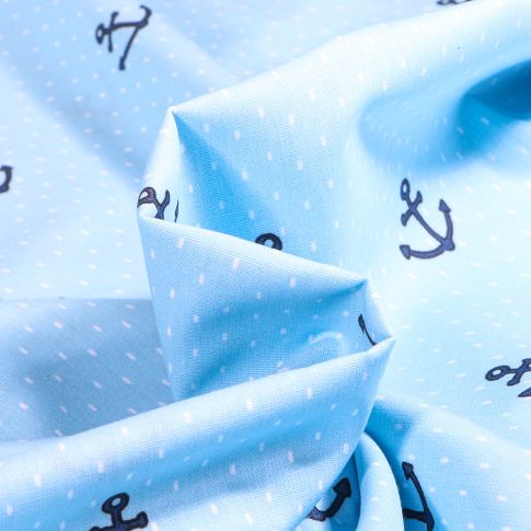 Tissu Coton imprimé Ancres marine sur fond Bleu ciel