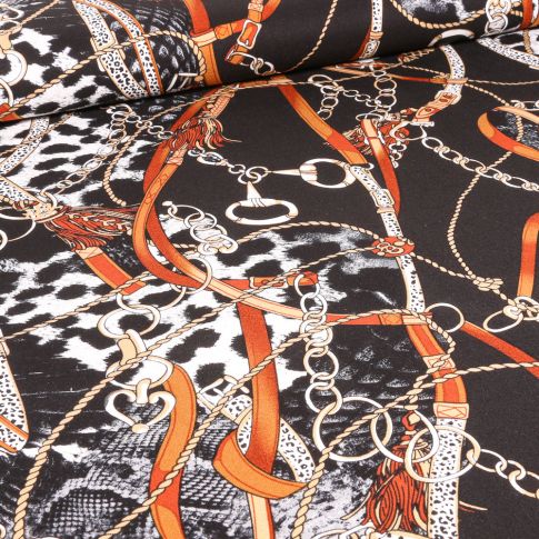 Tissu Viscose Motifs chaines et cuir sur fond Noir