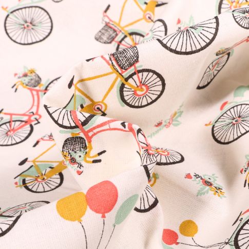 Tissu Coton imprimé Bio Happy cyclo sur fond Blanc cassé