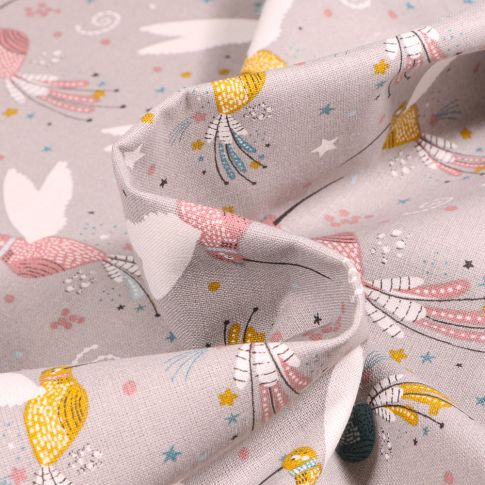 Tissu Coton imprimé Bio Colibris sur fond Gris clair
