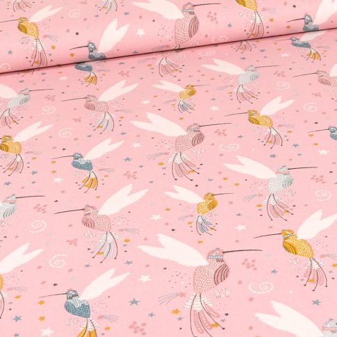 Tissu Coton imprimé Bio Colibris sur fond Rose