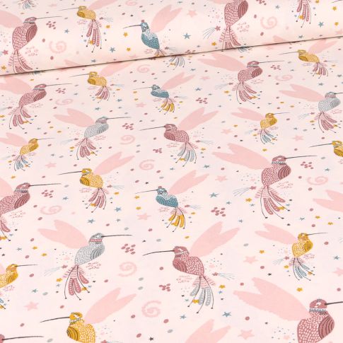 Tissu Coton imprimé Bio Colibris sur fond Ecru