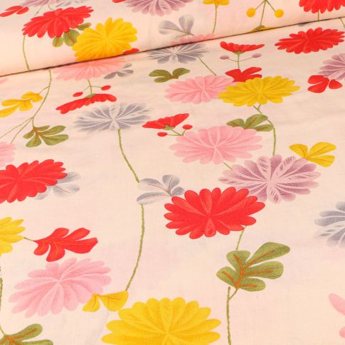 Tissu Viscose Lin Fleurs champêtres sur fond Naturel
