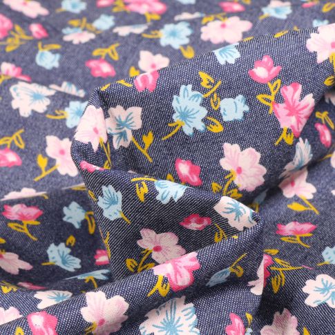 Tissu Chambray  Fleurs printanière sur fond Bleu denim