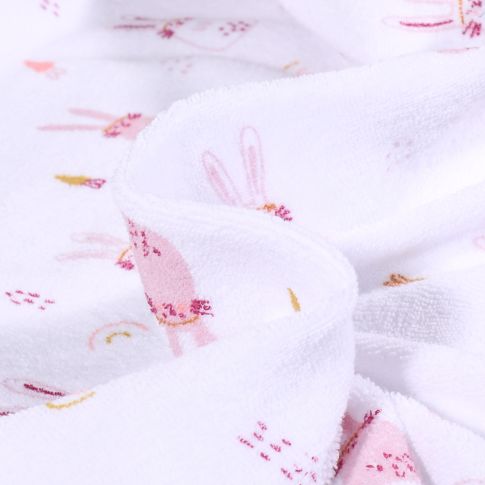 Tissu Jersey Velours Eponge Lapinou sur fond Blanc