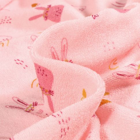 Tissu Jersey Velours Eponge Lapinou sur fond Rose