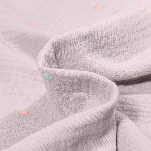 Tissu Double gaze Pois brodés colorés sur fond Gris clair