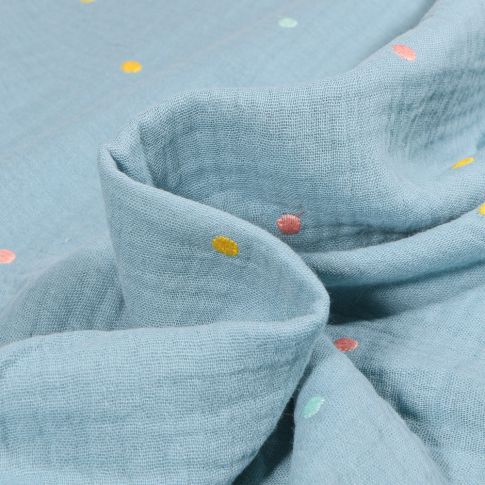 Tissu Double gaze Pois brodés colorés sur fond Bleu ancien