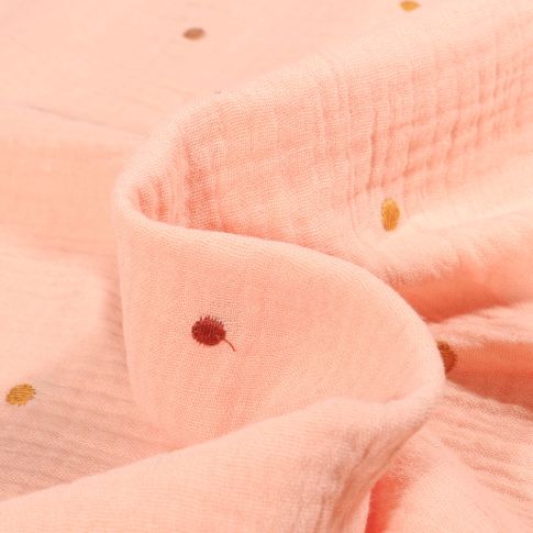 Tissu Double gaze Pois brodés colorés sur fond Saumon